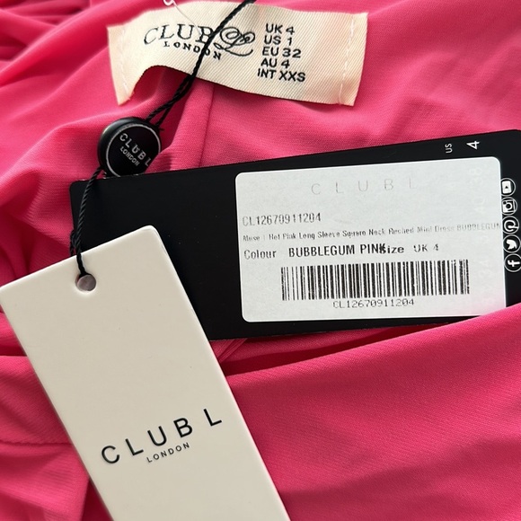Club L London | Seductress Hot Pink Long Sleeve Square Neck Ruched Dress - Picture 4 of 8